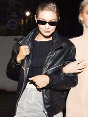 Paris Fashion Week 2024 Gigi Hadid Black Leather Jacket