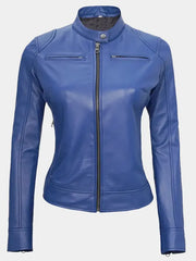 Declan Women's Blue Cafe Racer Leather Jacket