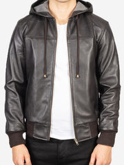 Men's Brown Bomber Leather Jacket With Hood