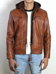 Men's Brown Diamond Classic Leather Jacket With Hood
