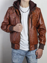 Men's Brown Leather Hooded Jacket