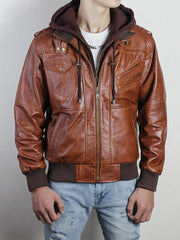 Men's Brown Leather Hooded Jacket