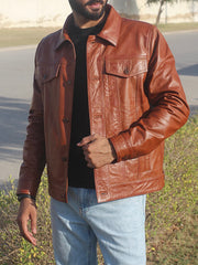 Men's Cognac Trucker Leather Jacket