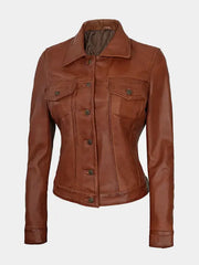 Women's Cognac Trucker Leather Jacket – Lambskin Classic