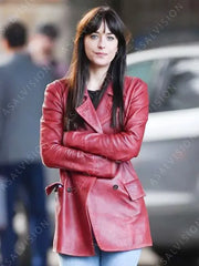 Dakota Johnson Madame Web 2024 Red Leather Coat