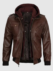 Dark Brown Hooded Leather Jacket For Men