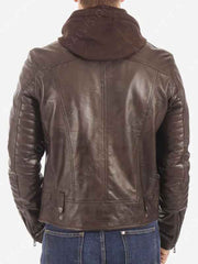 Mens Dark Brown Padded Sleeves Hooded Leather Jacket