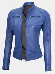 Declan Women's Blue Cafe Racer Leather Jacket
