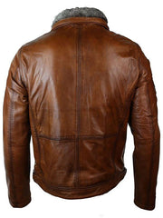 Mens Detachable Fur Collar Brown Leather Jacket