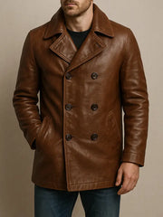 Men's Brown Leather Peacoat