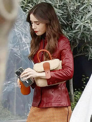 Emily in Paris Season 4 Emily Cooper Maroon Leather Jacket