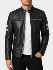 Fairmont Striped Black Cafe Racer Leather Jacket