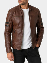 Fairmont Striped Brown Cafe Racer Leather Jacket