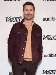 Glen Powell Hit Man 2024 Burgundy Suede Leather Jacket