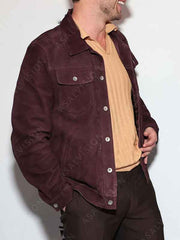 Glen Powell Hit Man 2024 Burgundy Suede Leather Jacket