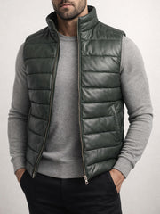 Vaston Green Leather Puffer Vest