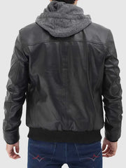 Hooded Style Bomber Leather Jacket For Men's