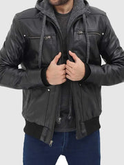 Hooded Style Bomber Leather Jacket For Men's