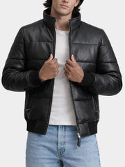 Knoxen Black Puffer Bomber Leather Jacket