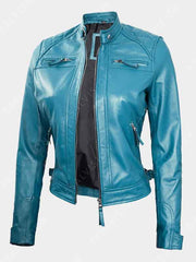 Natalie Blue Slimfit Cafe Racer Leather Jacket