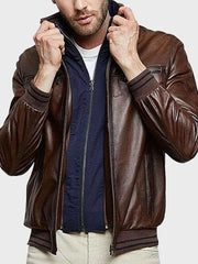 Men's Stand Collar Brown Bomber Leather Jacket