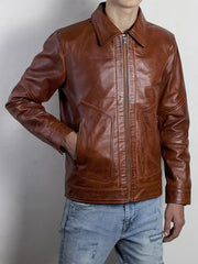 Corven Men's 100% Real High-Quality Lambskin Leather Brown Shirt Collar Jacket