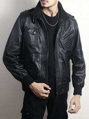 Men's Black Leather Hooded Bomber Jacket