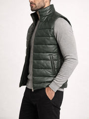 Vaston Green Leather Puffer Vest