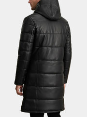 Men's Long Black Puffer Leather Coat