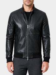Zorland Black Stand Collar Leather Bomber Jacket