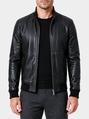 Zorland Black Stand Collar Leather Bomber Jacket