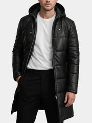 Men's Long Black Puffer Leather Coat