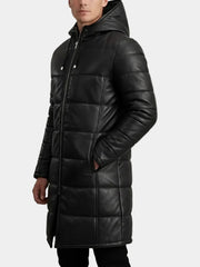 Men's Long Black Puffer Leather Coat