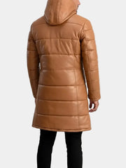 Men's Long Tan Puffer Leather Coat