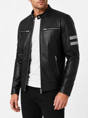 Fairmont Striped Black Cafe Racer Leather Jacket