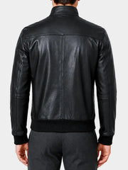 Zorland Black Stand Collar Leather Bomber Jacket