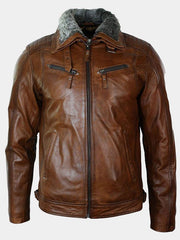 Mens Detachable Fur Collar Brown Leather Jacket