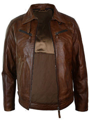 Mens Detachable Fur Collar Brown Leather Jacket