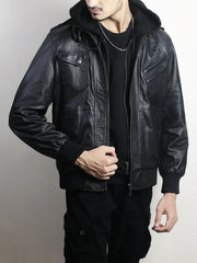 Men's Black Leather Hooded Bomber Jacket