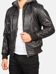 Men's Brown Bomber Leather Jacket With Hood