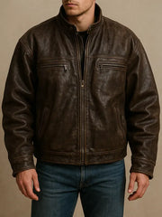 Men's Brown Distressed Cafe Racer Oversized Leather Jacket