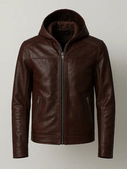 Men's Brown Genuine Leather Hooded Jacket