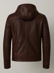 Men's Brown Genuine Leather Hooded Jacket