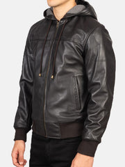 Men's Brown Bomber Leather Jacket With Hood