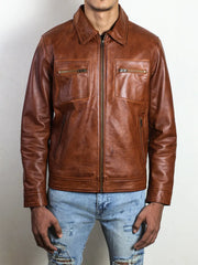 IronHaven Men's Cognac Brown Rugged Lambskin Leather Jacket
