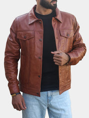 Men's Cognac Trucker Leather Jacket