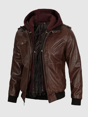 Dark Brown Hooded Leather Jacket For Men