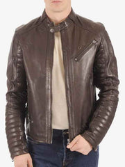 Mens Dark Brown Padded Sleeves Hooded Leather Jacket