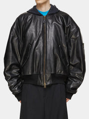 Men's MA-1 Oversized Leather Black Bomber Jacket With Hood