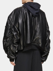 Men's MA-1 Oversized Leather Black Bomber Jacket With Hood